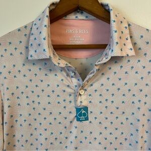 Pins & Aces Bold All Over Print Pink Palm Tree Power Golf Polo Shirt Men’s M